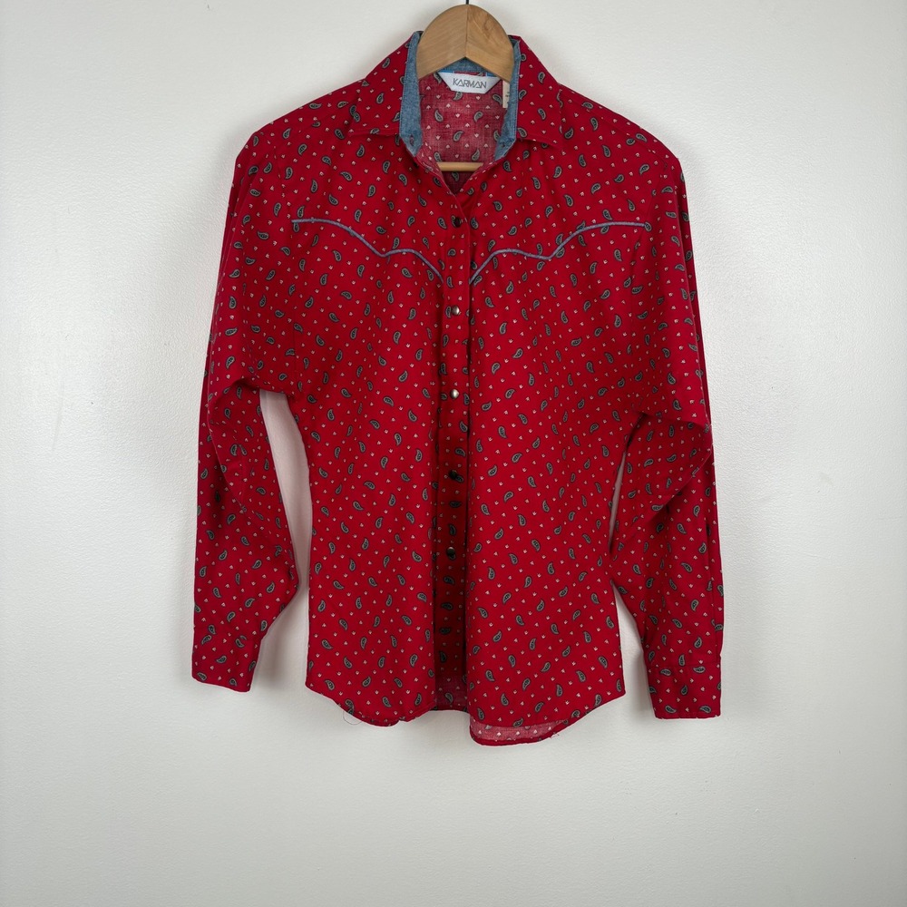 VTG Karman Women Red Paisley Snap Button Up Top Sz 8 Western‎ Cowgirl Equestrian